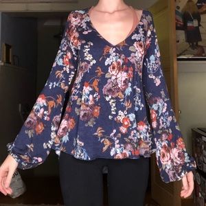 Navy bell sleeve floral top